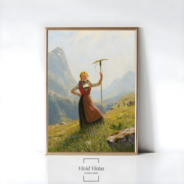 Woman In The Mountains Vintage Art Print Antique Oil Painting Bedroom Decor Moody Artwork Instant Download