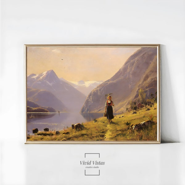 Woman In The Mountains Vintage Art Print Antique Oil Painting Bedroom Decor Moody Artwork Instant Download