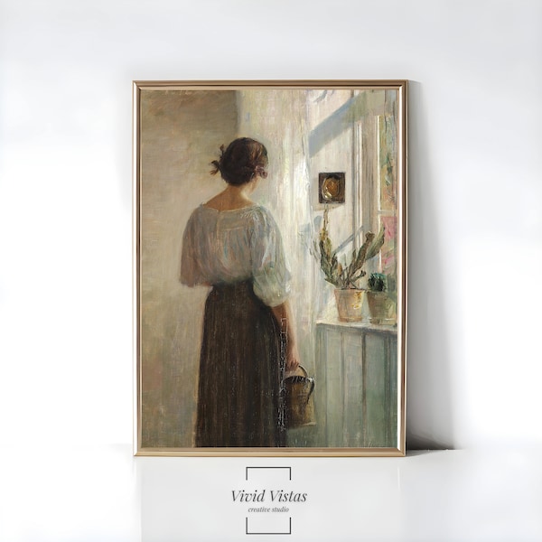 Sad Woman at Window Portrait Vintage Art Print Antique Oil Painting Bedroom Decor Moody Artwork Instant Download