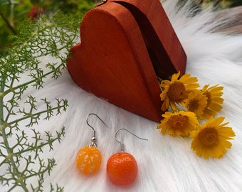 Pendientes de naranja en caja de madera - Joyas de regalo de San Valentín - Pendientes de fruta mandarina - Pendientes colgantes de dibujos animados - Lindos regalos de joyería