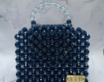 Handmade Beaded Bag in Dark and Light Blue | Small Size