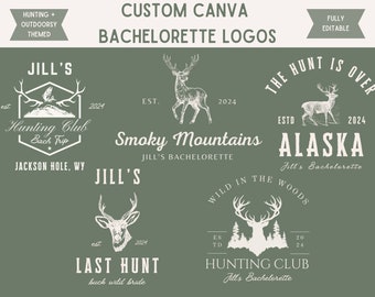 May include: A set of five customizable bachelorette party logos featuring a green background with white text and illustrations of deer. The logos include the text "Jill's", "Smoky Mountains", "Alaska", "Last Hunt", and "Hunting Club".