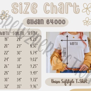 Gildan 64000 Size Chart, Gildan Shirt Size Chart, Gildan 64000 Size Guide, Gildan 64000 Mockup, Gildan Unisex Softstyle T-Shirt Sizing Chart