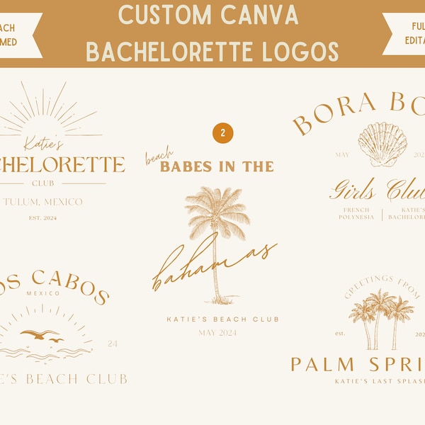 Beach Bachelorette Logos, Bachelorette Logo Canva Template, Custom Bachelorette Logo, 7 Editable Luxury Beach Bachelorette Party Logo Pack