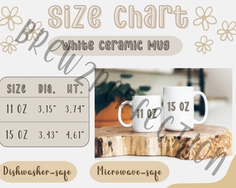 Mug Size Chart, White Ceramic Coffee Mug Size Guide, 11 oz Mug Size Chart, 15 oz Mug Size Chart, Mug Size Mockup, Coffee Mug Size Chart