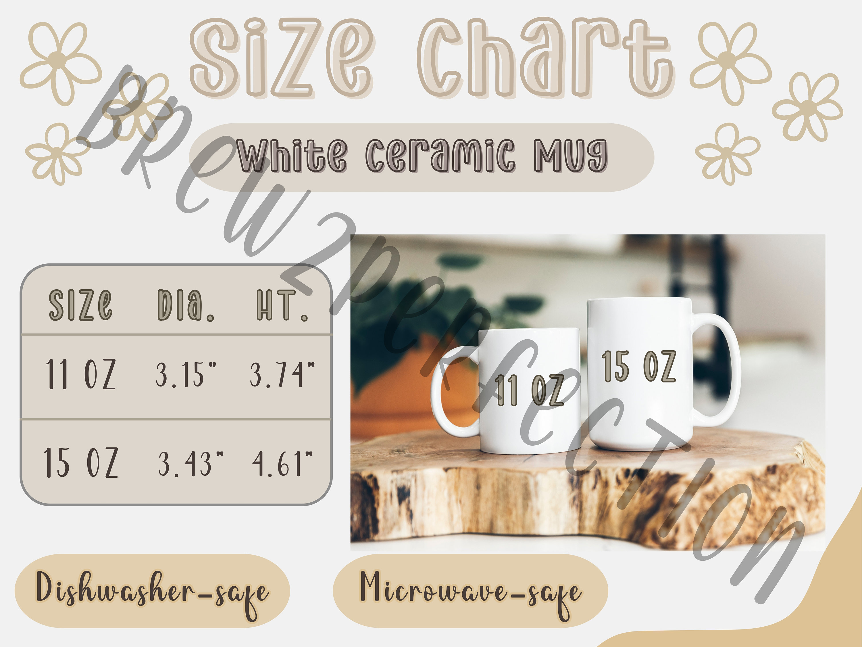 Mug Size Chart, White Ceramic Coffee Mug Size Guide, 11 Oz Mug Size