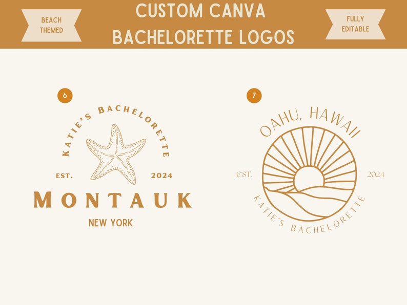 May include: Two beach-themed bachelorette party logos. The first logo features a starfish with the text "KATIE'S BACHELORETTE EST. 2024 MONTAUK NEW YORK". The second logo features a sun setting over a beach with the text "OAHU, HAWAII EST. 2021 KATIE'S BACHELORETTE".