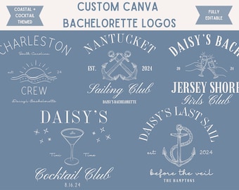 5 Editable Coastal and Cocktail Themed Bachelorette Party Logos, Customizable Bachelorette Party Logo Bundle, Digital Bach Canva Template