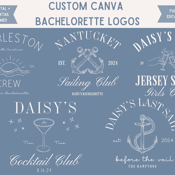 5 Editable Coastal and Cocktail Themed Bachelorette Party Logos, Customizable Bachelorette Party Logo Bundle, Digital Bach Canva Template