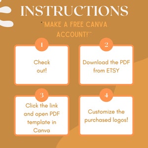 May include: A four-step instruction guide with orange and white text on a brown background. The steps are: 1. Check out! 2. Download the PDF from ETSY. 3. Click the link and open PDF template in Canva. 4. Customize the purchased logos!