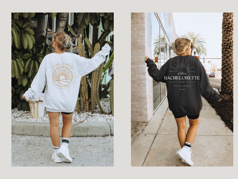 May include: Two women wearing sweatshirts with different designs. The first sweatshirt is light grey with a graphic of a sunset and the text "Oahu Hawaii" on the back. The second sweatshirt is black with the text "Katie's Bachelorette Club Tulum, Mexico Est. 2023" on the back.