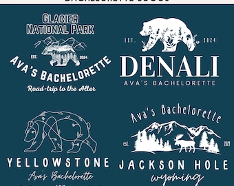 4 bewerkbare logo's vrijgezellenfeest vrijgezellenfeest nationaal park, camping vrijgezellenfeest, wandelen Bach, aanpasbare logo vrijgezellenfeest bundel