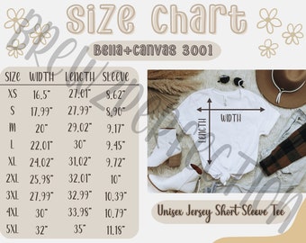 Bella Canvas 3001 Size Chart, Boho Bella Canvas Mockup, Bella Canvas 3001 T-shirt Size Guide, Sizing Bella Canvas, Size Chart Bella Canvas