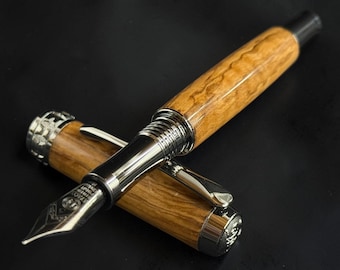 Museum Grade Bethlehem Olivewood | Black Titanium Fountain Pen | Handcrafted by Highlander | Full Gift Set