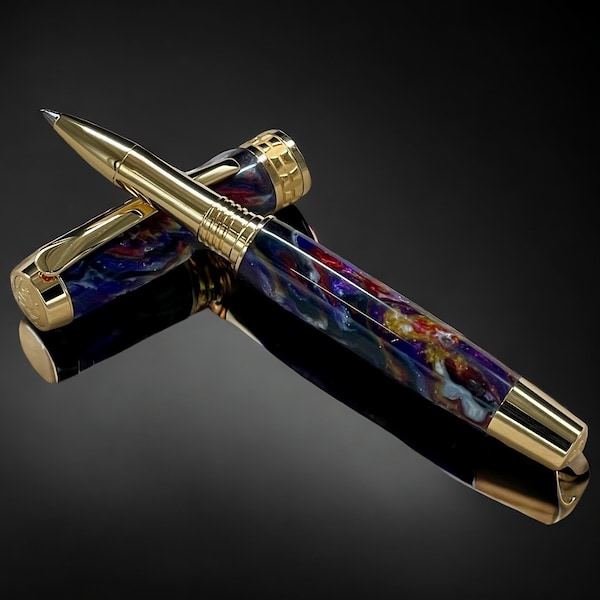 Whimsical Black, One of a Kind Gold, Handmade Custom Acrylic Rollerball Pen. Artisan Rare & Unique, Completely Handcrafted  in Co, USA