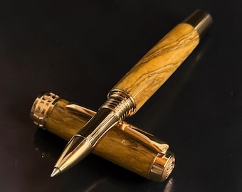 Museum Grade Bethlehem Olivewood | Red Gold Rollerball Pen | Artisan Handcrafted Writing Instrument | 120 GSM Journal Included
