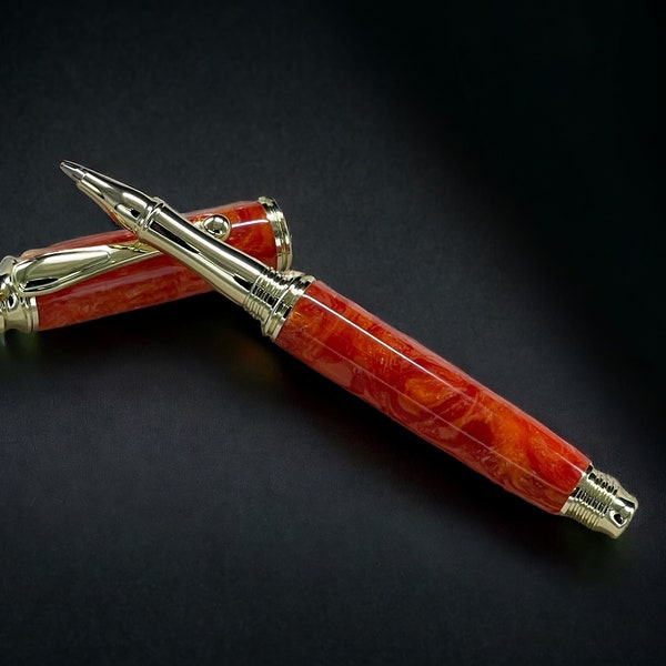 Orange Swirl, One of a Kind, Gold Handcrafted Acrylic Rollerball Pen. Custom, Artisan Rare and Unique, Completely Handmade in CO