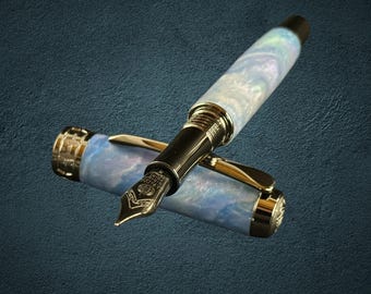 Sapphire Opal | Black Titanium Fountain Pen | Handcrafted Gift Set with A5 Journal & Caran d’Ache Ink