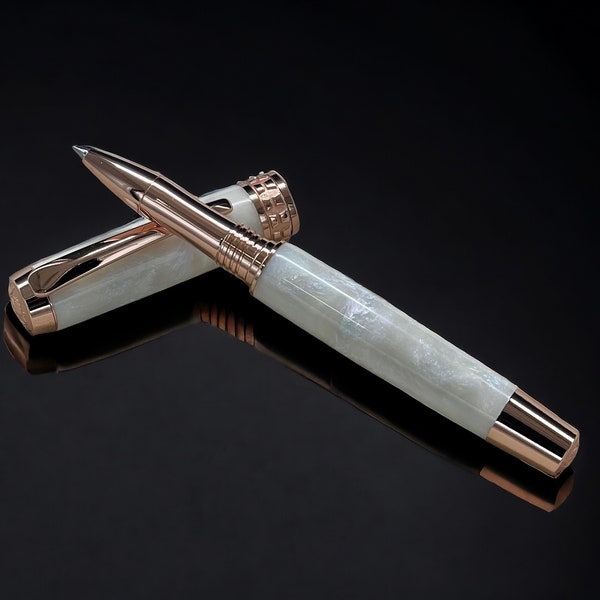 Pearly Opal, One of a Kind, Rose Gold, Handmade Custom Acrylic Rollerball Pen. Artisan Rare & Unique, Completely Handcrafted  in Co, US