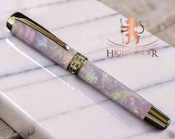 Bolígrafo roller de titanio negro con ópalo amatista / Hecho a mano por Highlander