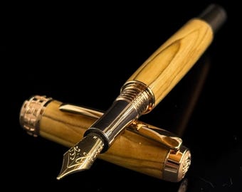 Certified Bethlehem Olivewood | Red Gold Fountain Pen by Highlander | Full Gift Set