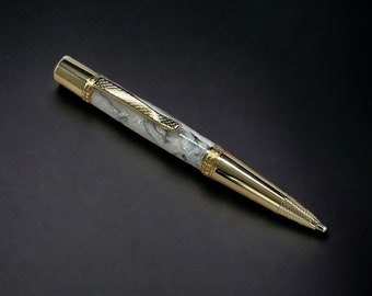 White Black Marble, One of a Kind, Gold, Pearlescent Acrylic Ballpoint Pen. Custom Handcrafted, Artisan Rare, Handmade in Colorado.