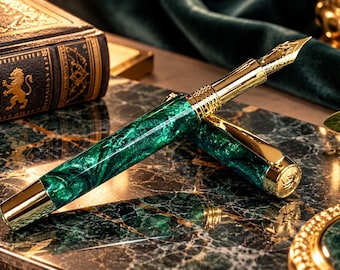 Emerald Green | Gold Fountain Pen | Handmade Unique Gift Set | Journal And Ink Included