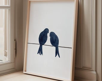 Dark Blue Love Birds Silhouette Print, Minimalist Wire Art, Hand-Painted Wall Decor