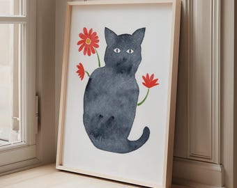 Cat Silhouette Art Print, Modern Minimalist Cat Room Wall Decor
