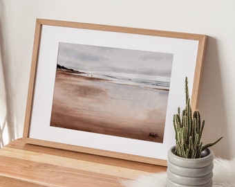 Neutral Watercolor Beach Landscape Giclee Print, Moody Coastal Wall Art, Seascape Watercolor Painting, Gray and Brown Wall Art