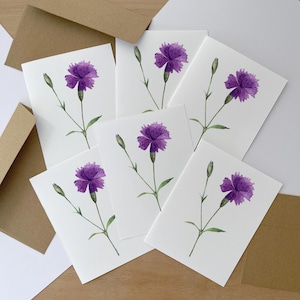 Cartões de flores roxas com envelope, conjunto de 6 artigos de papelaria com impressão em aquarela A2