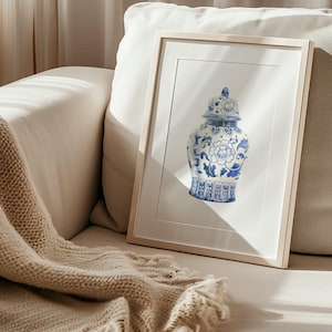 DIGITALE - Stampa artistica ad acquerello di un vaso in stile Chinoiserie: vaso in zenzero blu e bianco