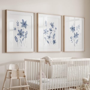 Blue Floral Watercolor Print Set: Botanical Nursery Decor (Digital Download)