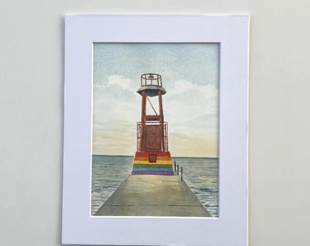 Chicago LGBTQ Pride Wall Art Original Watercolor Painting Hollywood Beach Port Light 8x10
