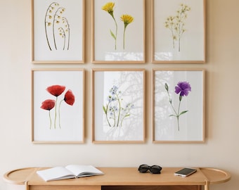 Minimalist Botanical Wall Art Print Set, Watercolor Wildflowers Gallery Wall Decor