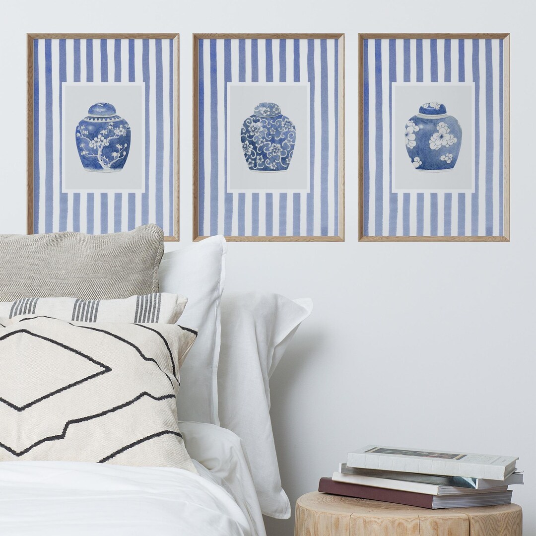 Blue Chinoiserie Art Printable Set of 3, Ginger Jar Painting Prints ...