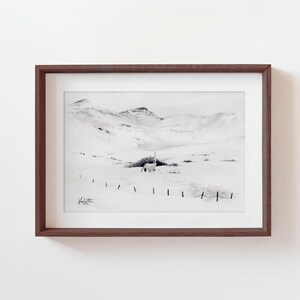 Stampa di paesaggio invernale islandese, stampa murale di montagna in bianco e nero, dipinto ad acquerello monocromatico