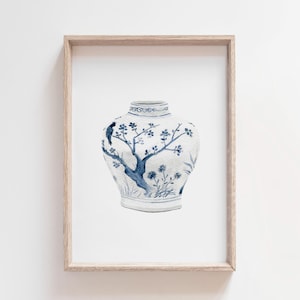 Stampa di un barattolo di zenzero in stile cinese, arte murale in stile acquerello con vaso cinese