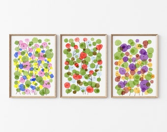 Downloadable Prints Set of 3, Colorful Wall Art Above Bed Decor, 3 Piece Wall Art Botanical Prints, Cottage Core Watercolor Painting Decor