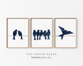 Triptych Navy Blue Birds Silhouette Art Prints, Minimalist Wall Decor Set of 3