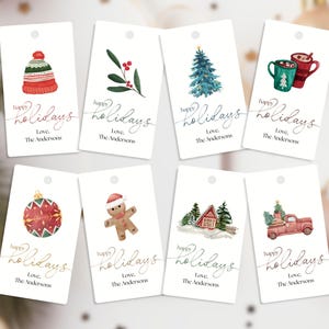 Modello modificabile per etichette regalo di Natale minimaliste, pacchetto di etichette per bomboniere natalizie stampabili ad acquerello, etichette appese personalizzate per le feste