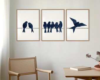 Triptych Navy Blue Birds Silhouette Art Prints, Minimalist Wall Decor Set of 3 (Canvas)