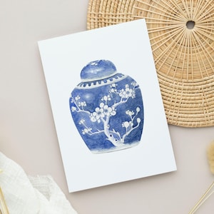 Druckbare Grußkarte für jeden Anlass, herunterladbare leere Karte mit Umschlagvorlage, Chinoiserie-Glas-Grußkarte
