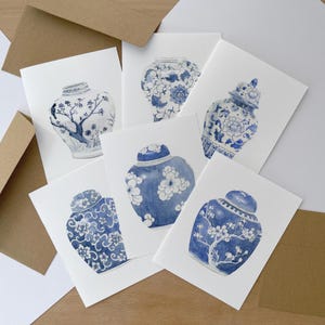Juego de tarjetas de notas en blanco, papelería con tarros de estilo chinoiserie en acuarela, tamaño A2