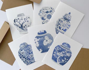 Juego de tarjetas de notas en blanco, papelería con tarros de estilo chinoiserie en acuarela, tamaño A2
