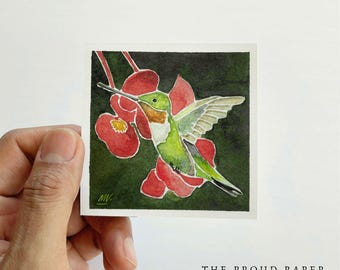 Small Art Print of Hummingbird, Tiny Watercolor Painting 3"x3"