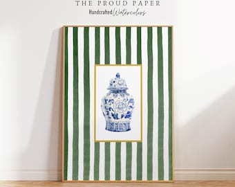 Green Striped Grandmillennial Wall Art,  Chinoiserie Ginger Jar Painting Wall Decor