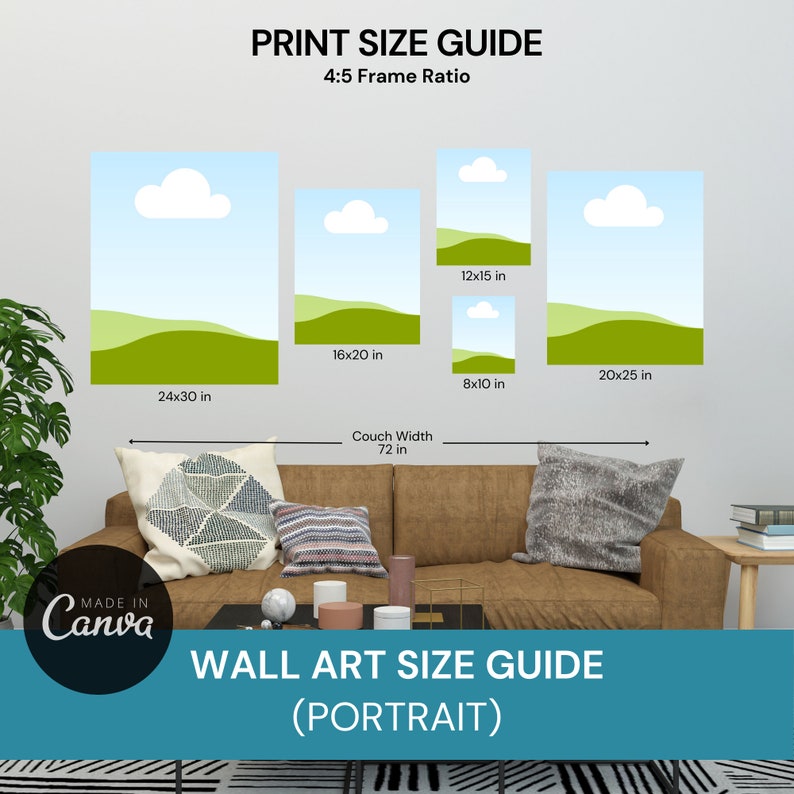 Wall Art Size Guide Frame Mockup Template, Poster Size Editable Chart