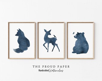 Hand-Painted Woodland Animals Watercolor Print Set, Navy Blue Nursery Art (Set of 3)