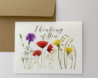 Thinking of You Card, Floral Greeting Card, Watercolor Botanical Stationery A2